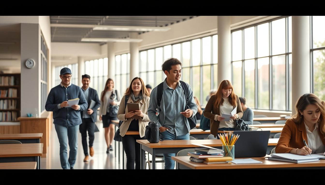 Students studying together in modern classroom